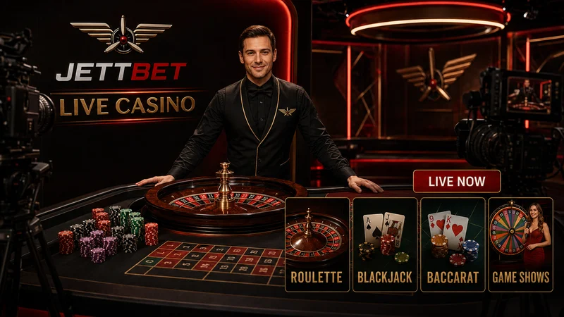 Broadcast cameras trained on a roulette table in the Jettbet live casino studio under red studio lighting