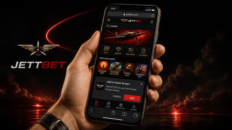 Hand holding a phone with the Jettbet lobby loaded in a browser and an install prompt across the lower screen